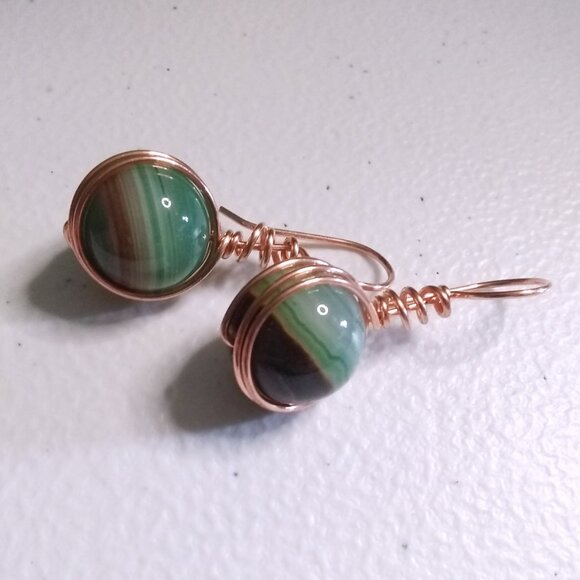 One-of-a-Kind!!! Green & Brown Banded Agate Spheres ~ Copper Wrapped Earrings - Picture 5 of 13